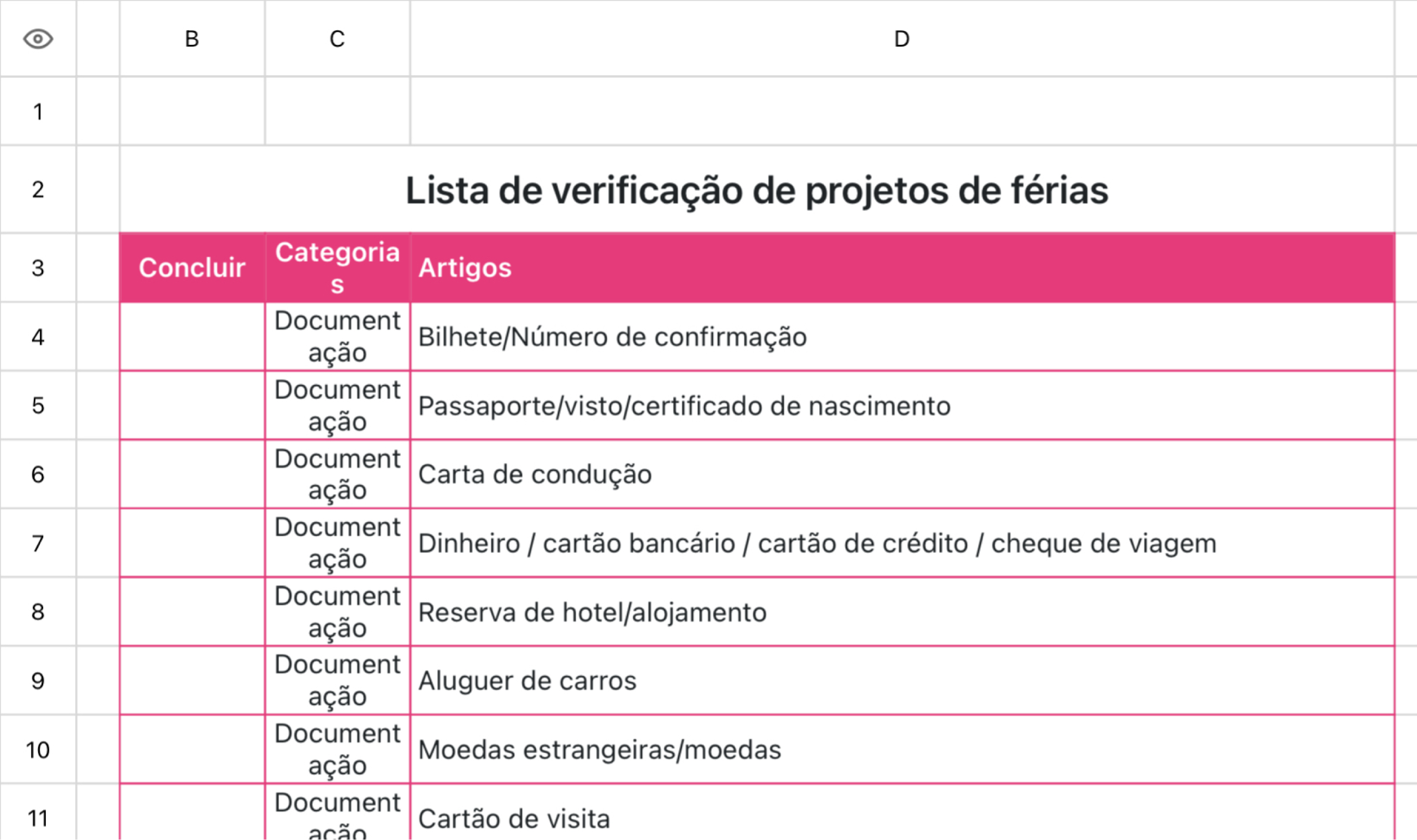 Lista de verificação de projetos de férias